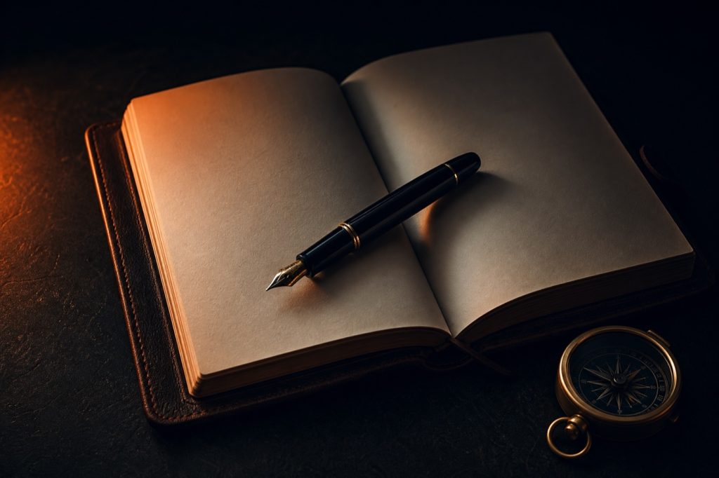 Leather notebook with fountain pen and brass compass on dark surface
