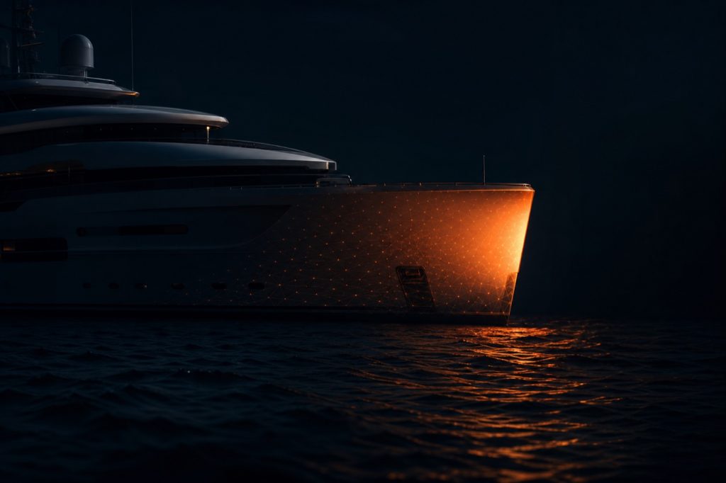 Superyacht hull lit with orange digital network overlay at night