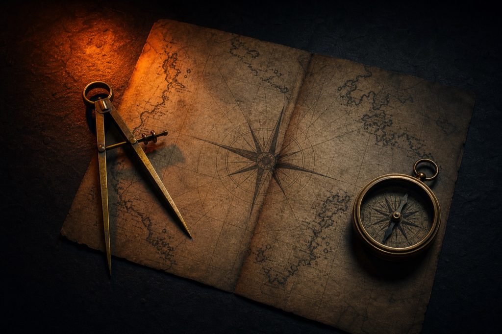 Vintage nautical chart with brass compass and dividers on dark surface