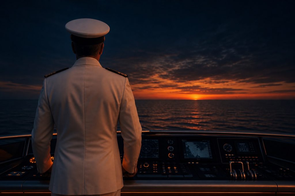 Superyacht captain at helm watching sunset from bridge