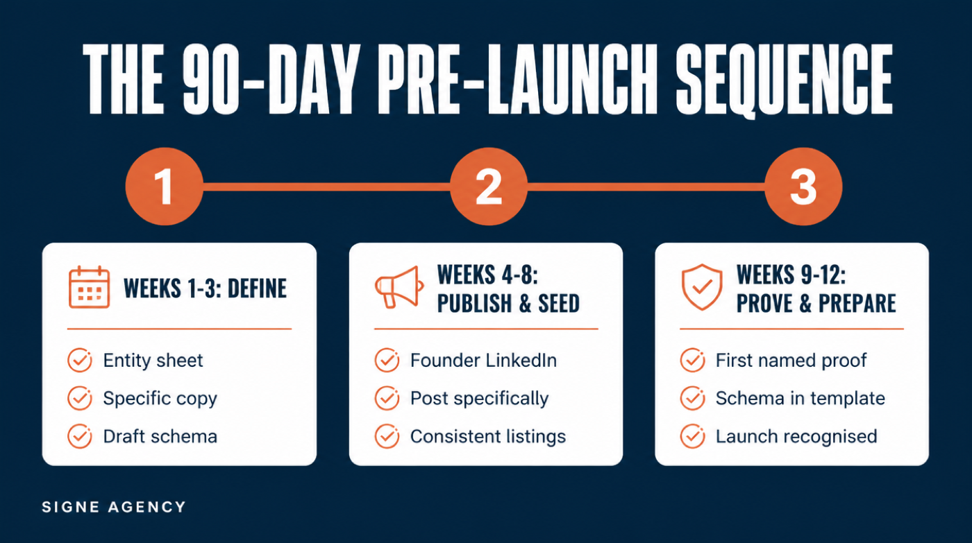 The 90-day pre-launch sequence: weeks 1-3 define, weeks 4-8 publish and seed, weeks 9-12 prove and prepare